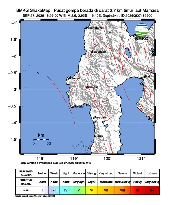 Peta guncangan (shakemap) BMKG untuk gempa magnitudo 2,5 SR
