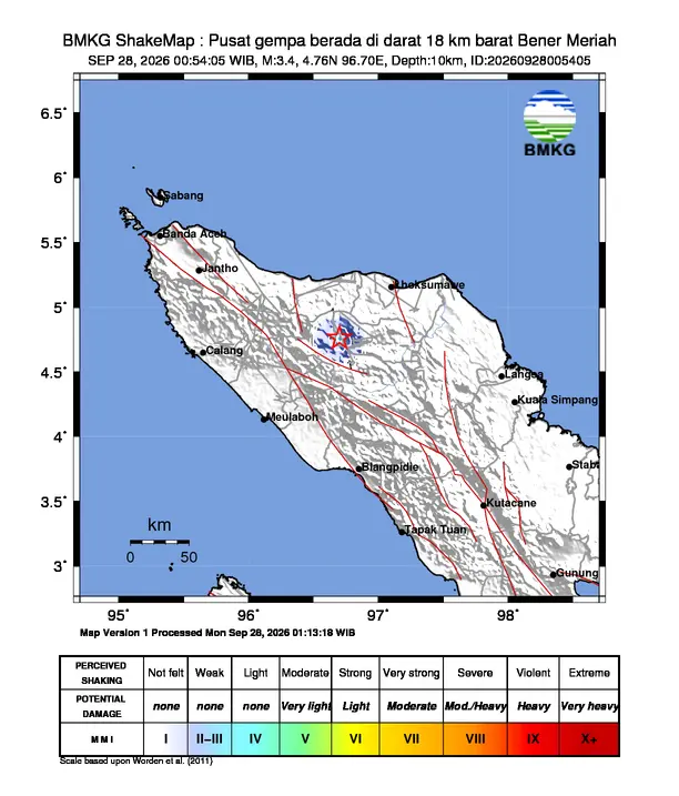 Peta guncangan (shakemap) BMKG untuk gempa magnitudo 3,4 SR