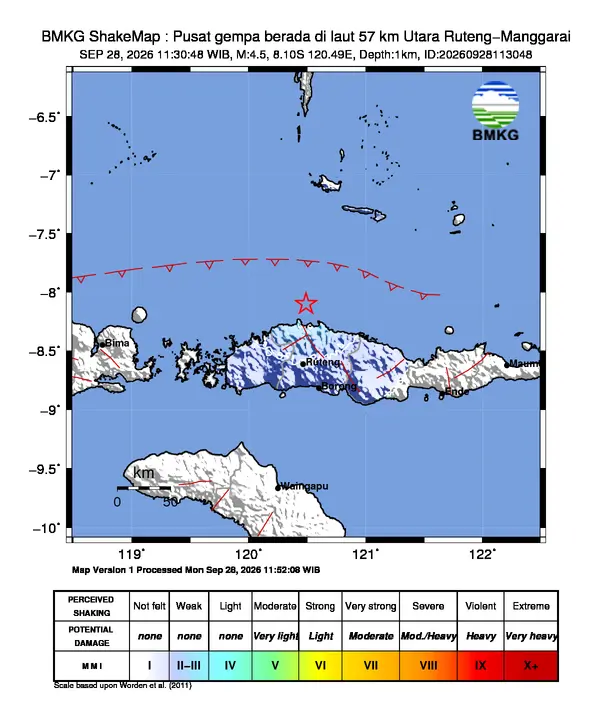 Peta guncangan (shakemap) BMKG untuk gempa magnitudo 4,5 SR