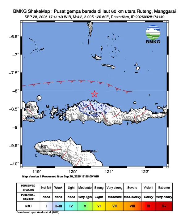 Peta guncangan (shakemap) BMKG untuk gempa magnitudo 4,2 SR