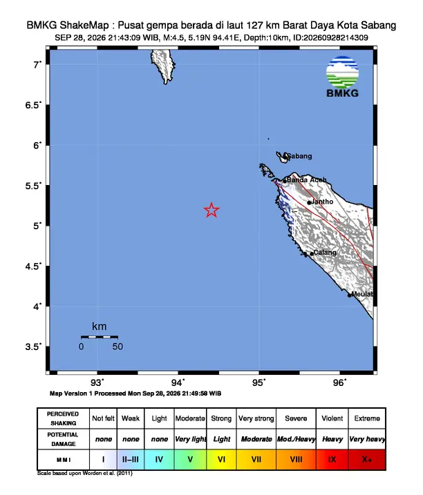 Peta guncangan (shakemap) BMKG untuk gempa magnitudo 4,5 SR