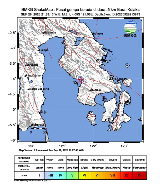 Peta guncangan (shakemap) BMKG untuk gempa magnitudo 3,1 SR