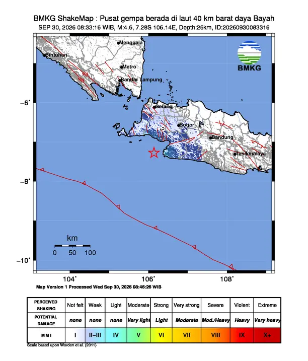 Peta guncangan (shakemap) BMKG untuk gempa magnitudo 4,6 SR