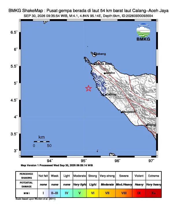 Peta guncangan (shakemap) BMKG untuk gempa magnitudo 4,1 SR