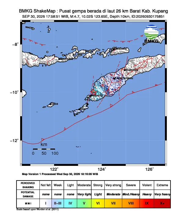 Peta guncangan (shakemap) BMKG untuk gempa magnitudo 4,7 SR