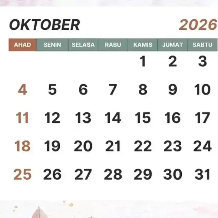 Kalender Bulan Oktober 2026, Cek Daftar Tanggal Merah dan Peringatan Hari Besar
