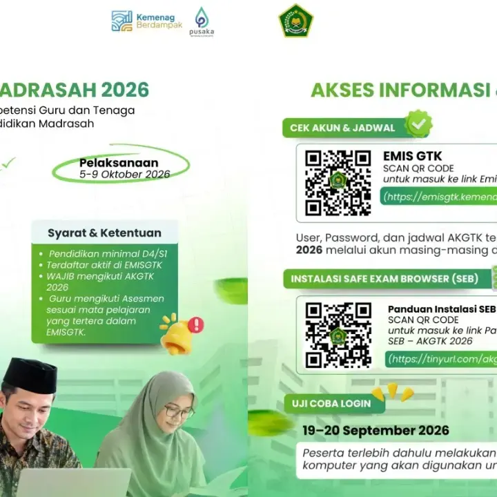 Kemenag Gelar AKGTK Madrasah 2026 Secara Daring, Ujian Digelar Mulai 5 hingga 9 Oktober