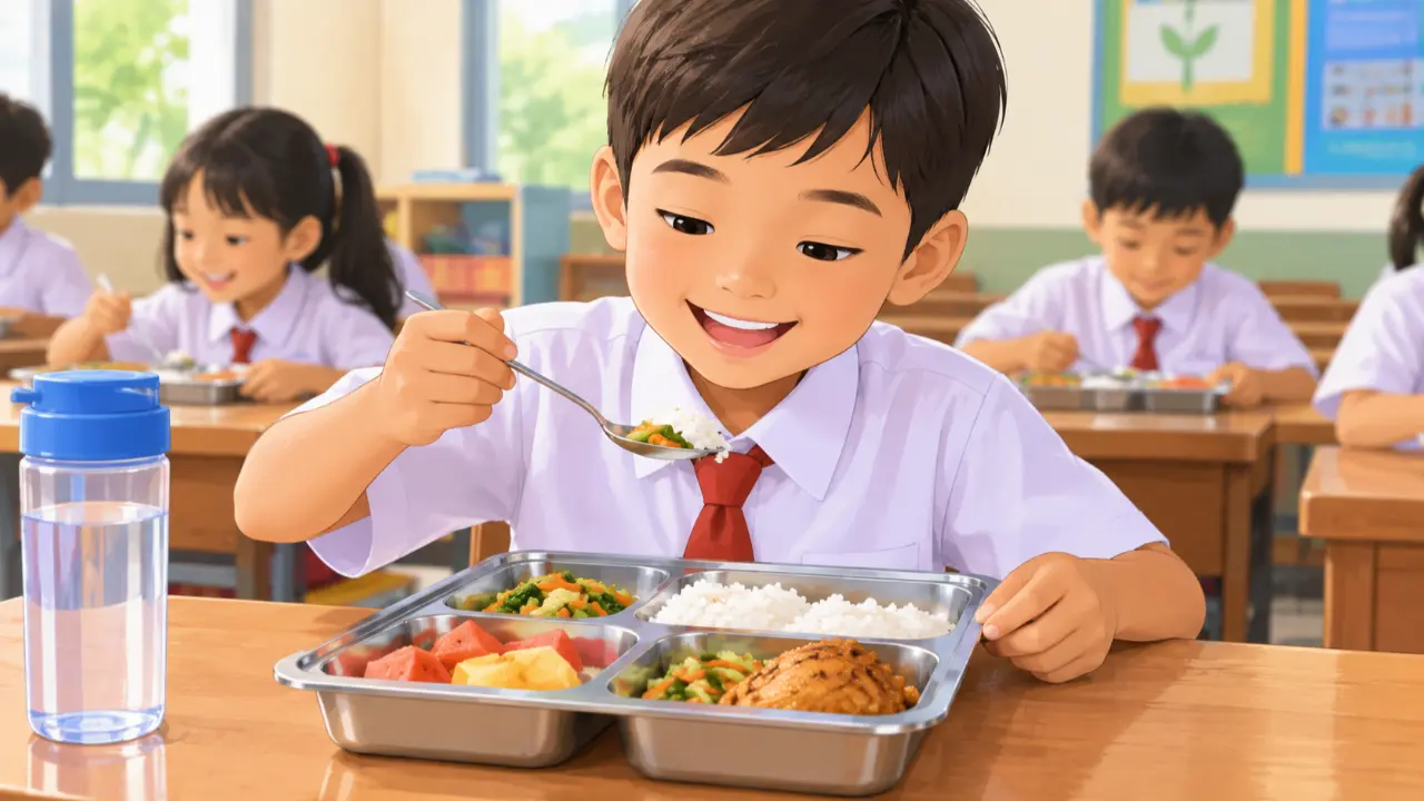 Ilustrasi Anak SD Konsumsi Makan Bergizi Gratis (MBG)