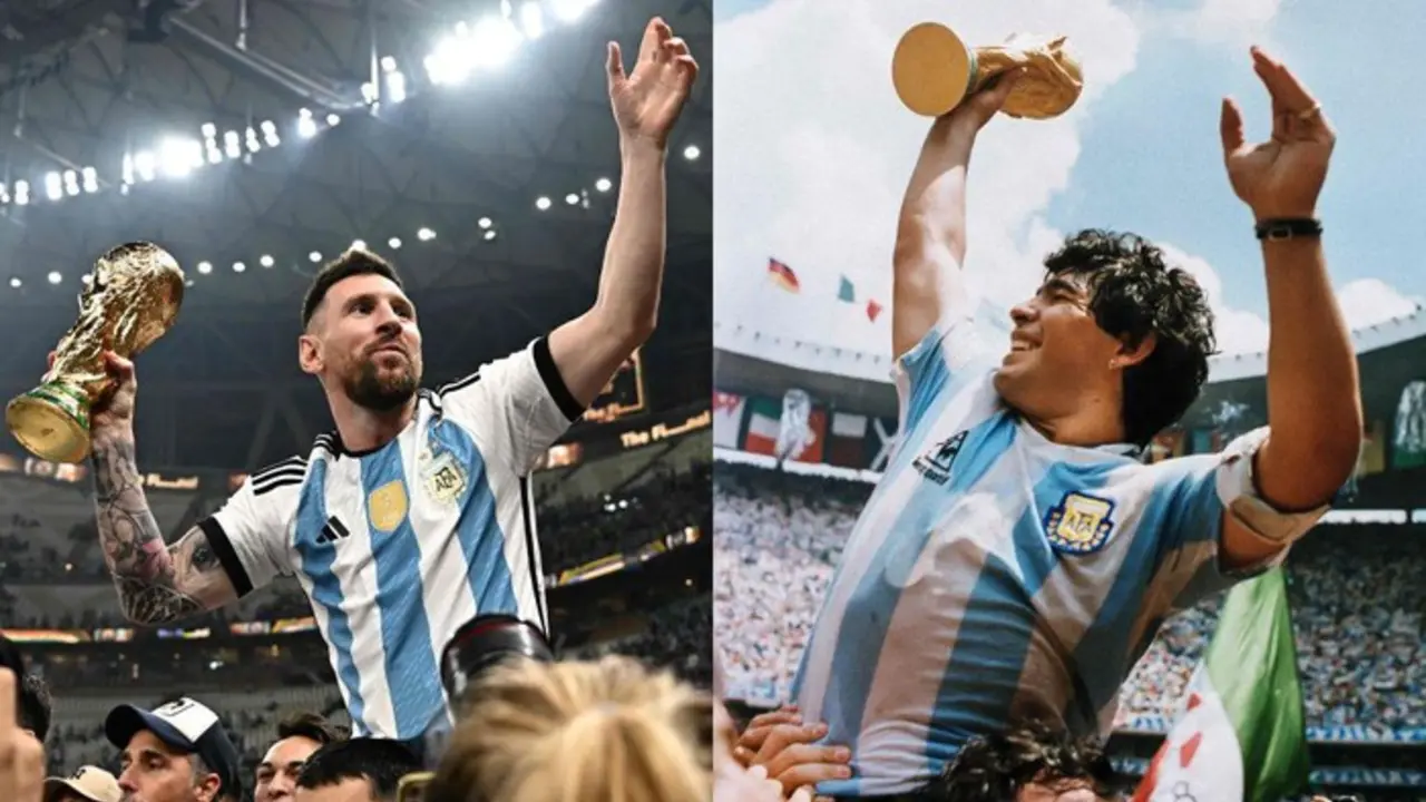 Lionel Messi dan Maradona mengangkat trofi Piala Dunia di era yang berbeda