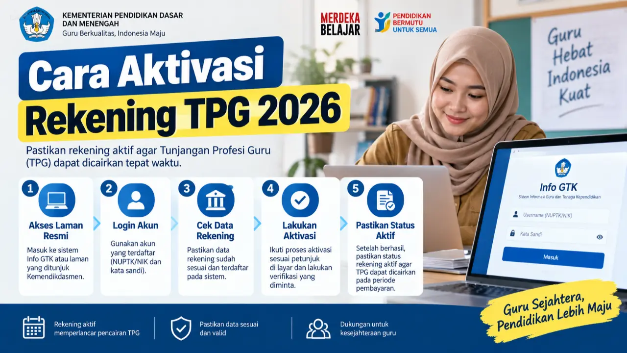 Cara Aktivasi Rekening TPG 2026, Cek Info GTK Agar Tunjangan September Bisa Cair