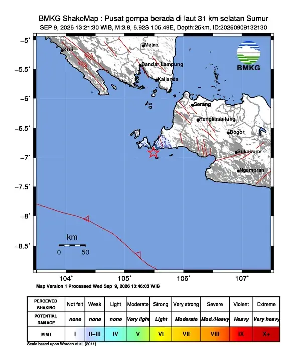 Gempa M 3,8 Guncang Selatan Sumur, Banten