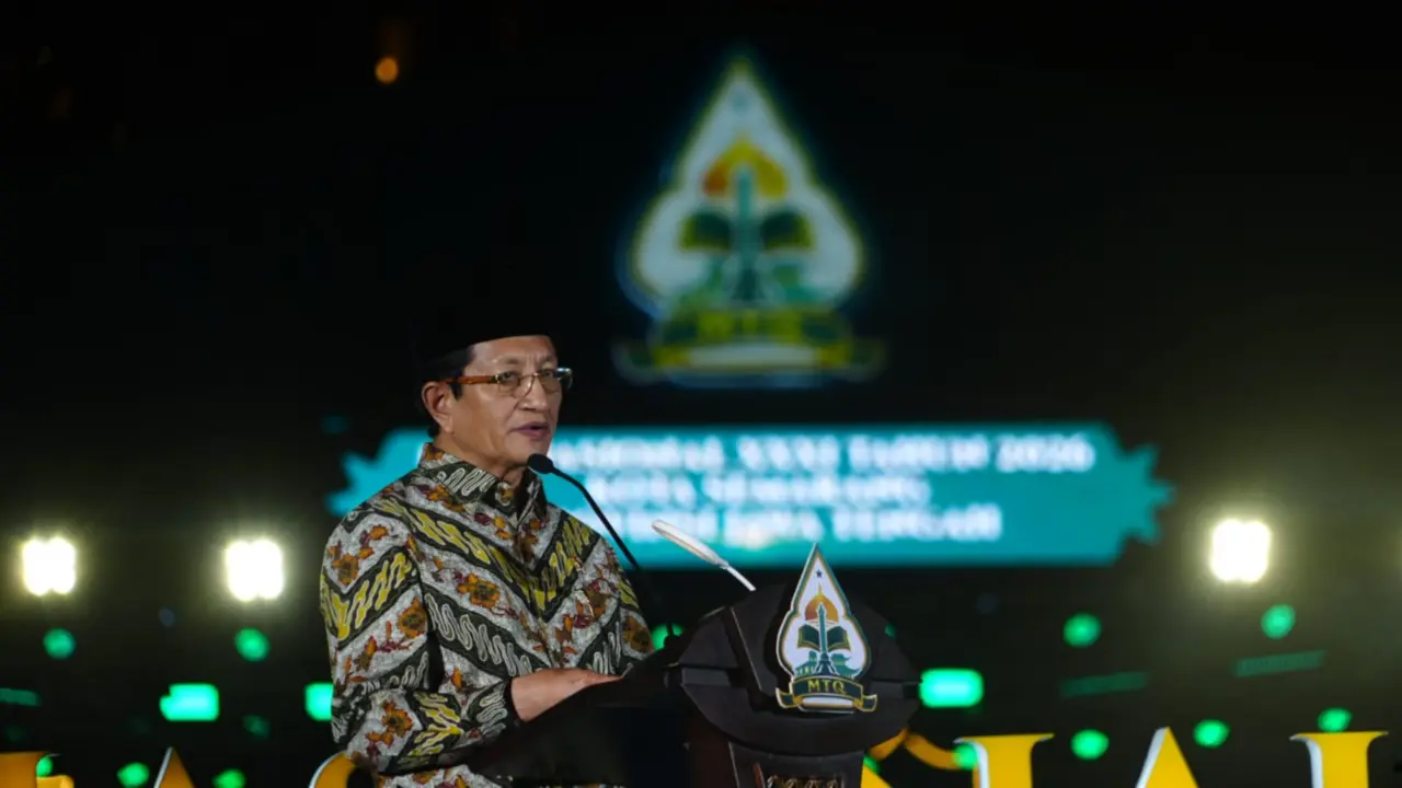 Menag Nasaruddin Umar saat memberikan sambutan pada Pembukaan MTQ Nasional XXXI 2026, Semarang, Sabtu (13/9/2026)