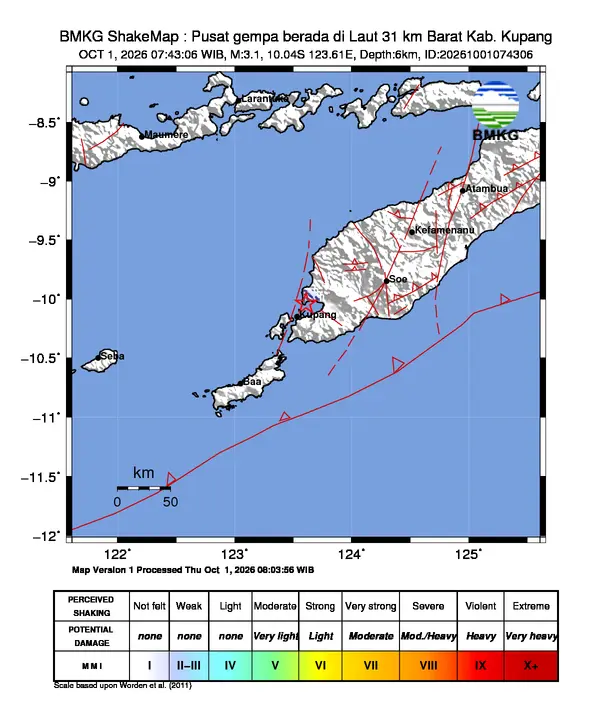 Peta guncangan (shakemap) BMKG untuk gempa magnitudo 3,1 SR