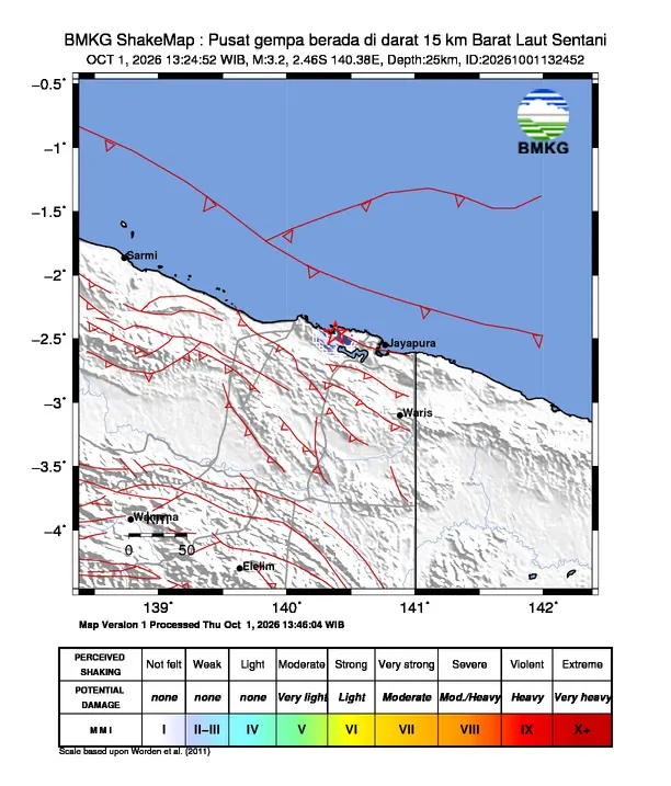 Peta guncangan (shakemap) BMKG untuk gempa magnitudo 3,2 SR