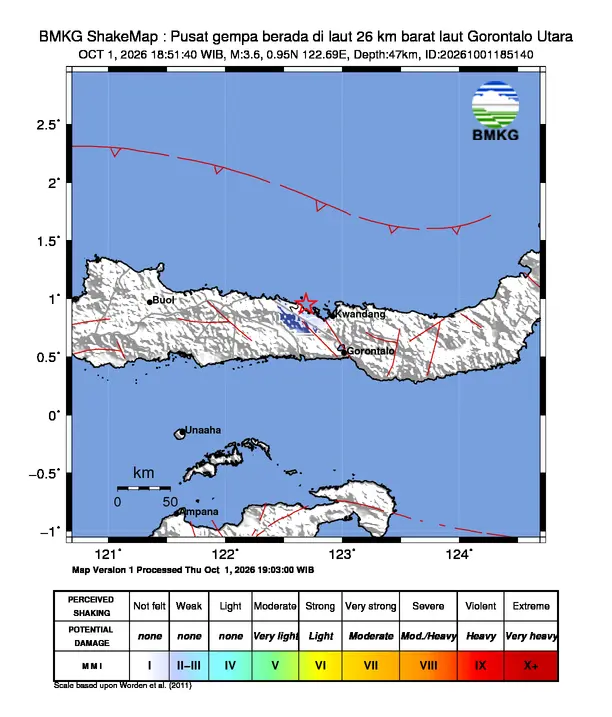 Peta guncangan (shakemap) BMKG untuk gempa magnitudo 3,6 SR