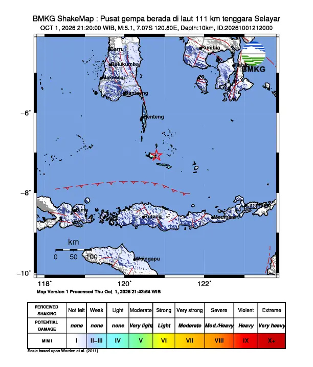 Peta guncangan (shakemap) BMKG untuk gempa magnitudo 5,1 SR
