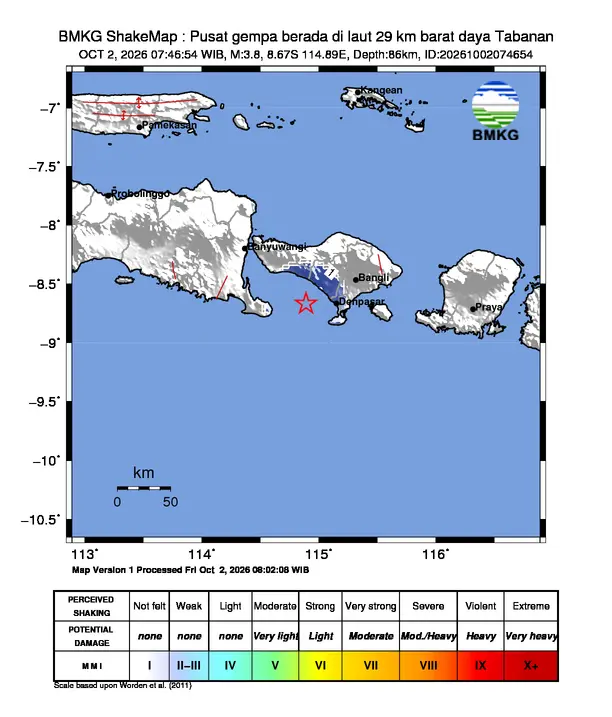 Peta guncangan (shakemap) BMKG untuk gempa magnitudo 3,8 SR