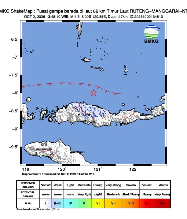 Peta guncangan (shakemap) BMKG untuk gempa magnitudo 4,3 SR