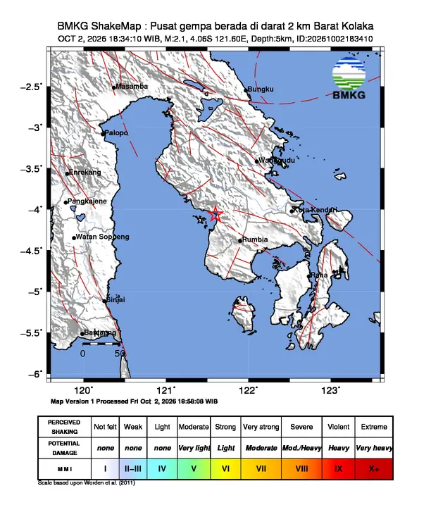 Peta guncangan (shakemap) BMKG untuk gempa magnitudo 2,1 SR