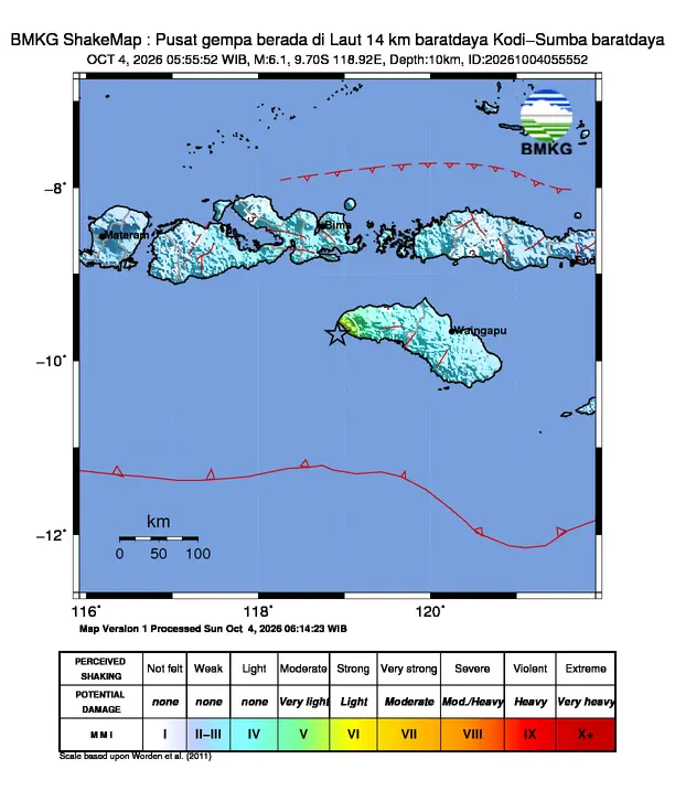 Peta guncangan (shakemap) BMKG untuk gempa magnitudo 6,1 SR