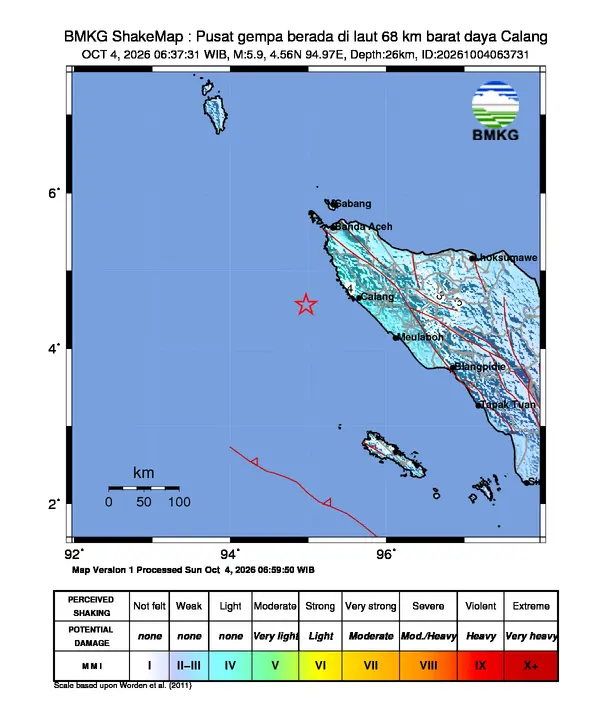 Peta guncangan (shakemap) BMKG untuk gempa magnitudo 5,9 SR