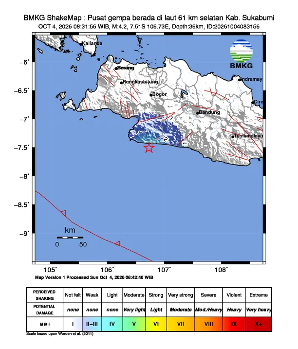 Peta guncangan (shakemap) BMKG untuk gempa magnitudo 4,2 SR