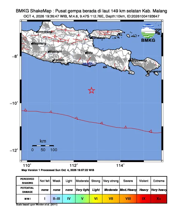 Peta guncangan (shakemap) BMKG untuk gempa magnitudo 4,6 SR