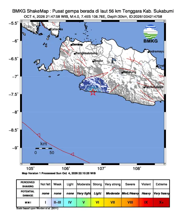 Peta guncangan (shakemap) BMKG untuk gempa magnitudo 4,0 SR
