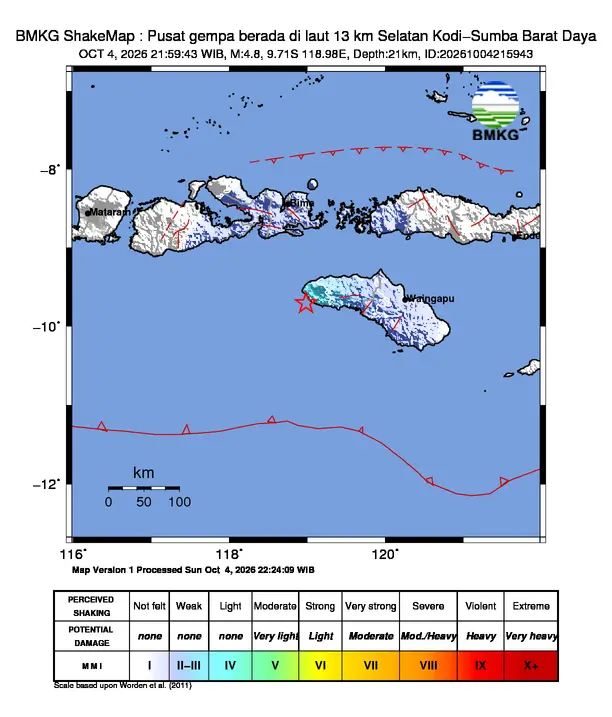 Peta guncangan (shakemap) BMKG untuk gempa magnitudo 4,8 SR