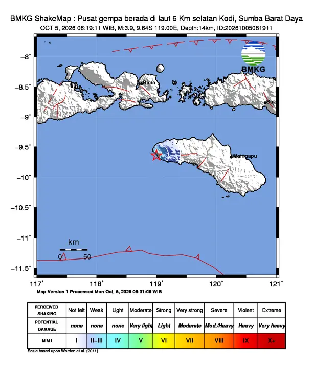 Peta guncangan (shakemap) BMKG untuk gempa magnitudo 3,9 SR