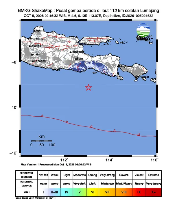 Peta guncangan (shakemap) BMKG untuk gempa magnitudo 4,6 SR