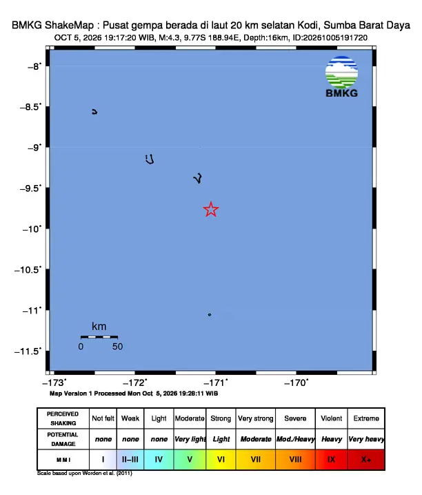Peta guncangan (shakemap) BMKG untuk gempa magnitudo 4,3 SR