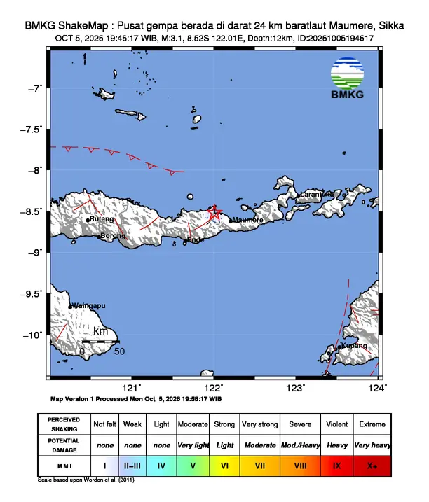 Peta guncangan (shakemap) BMKG untuk gempa magnitudo 3,1 SR