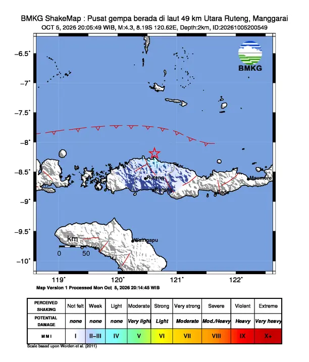 Peta guncangan (shakemap) BMKG untuk gempa magnitudo 4,3 SR