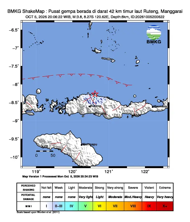 Peta guncangan (shakemap) BMKG untuk gempa magnitudo 3,8 SR
