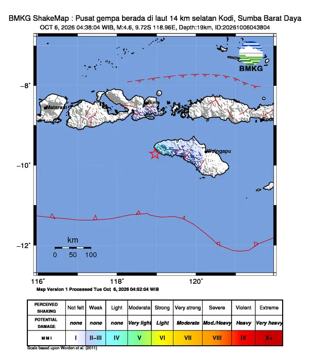 Peta guncangan (shakemap) BMKG untuk gempa magnitudo 4,6 SR