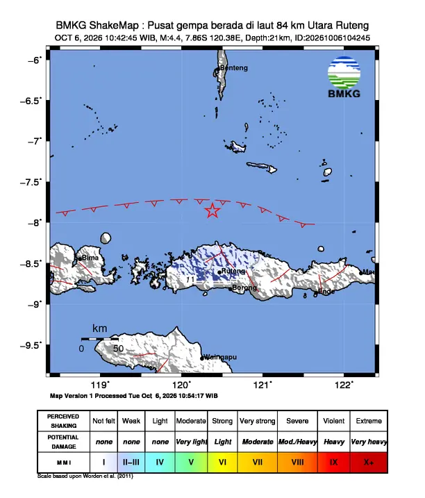 Peta guncangan (shakemap) BMKG untuk gempa magnitudo 4,4 SR
