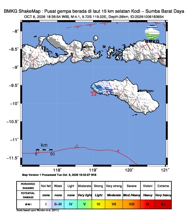 Peta guncangan (shakemap) BMKG untuk gempa magnitudo 4,1 SR