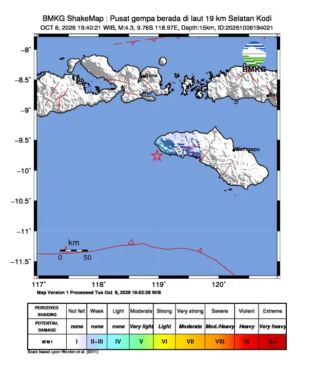Peta guncangan (shakemap) BMKG untuk gempa magnitudo 4,3 SR