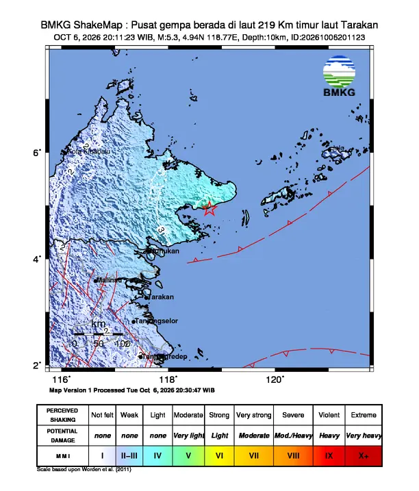 Peta guncangan (shakemap) BMKG untuk gempa magnitudo 5,3 SR