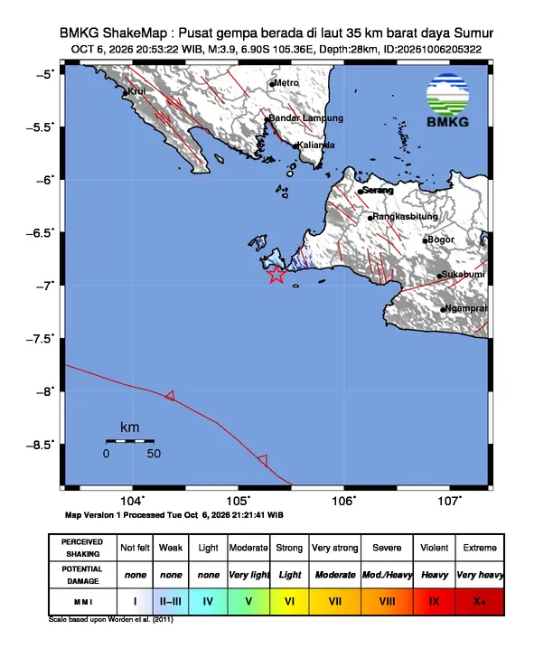 Peta guncangan (shakemap) BMKG untuk gempa magnitudo 3,9 SR