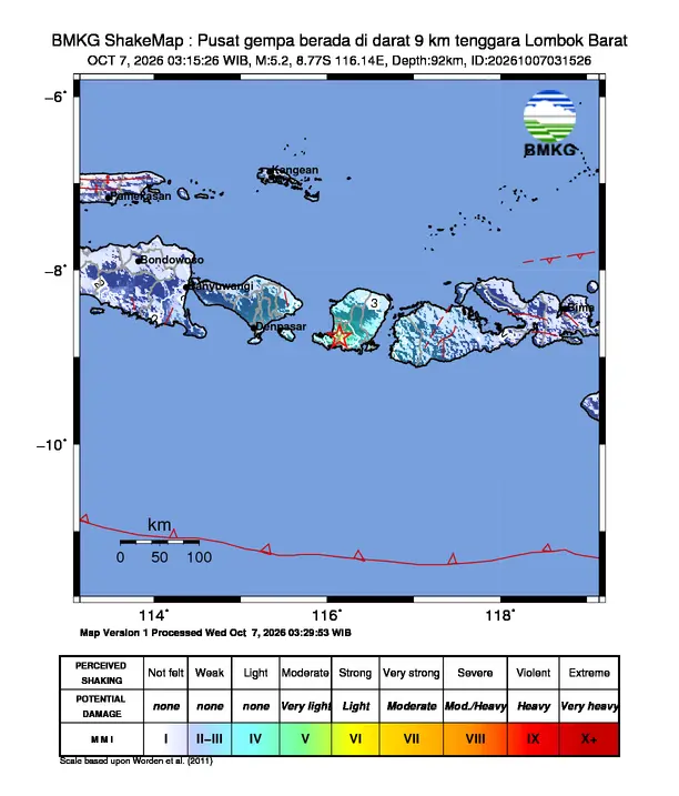 Peta guncangan (shakemap) BMKG untuk gempa magnitudo 5,2 SR