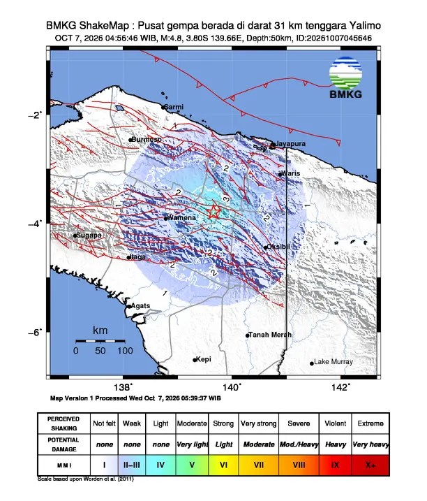 Peta guncangan (shakemap) BMKG untuk gempa magnitudo 4,8 SR