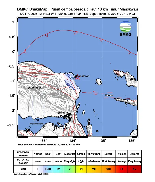 Peta guncangan (shakemap) BMKG untuk gempa magnitudo 4,0 SR