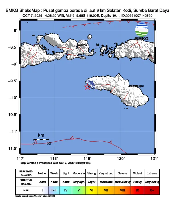Peta guncangan (shakemap) BMKG untuk gempa magnitudo 3,5 SR
