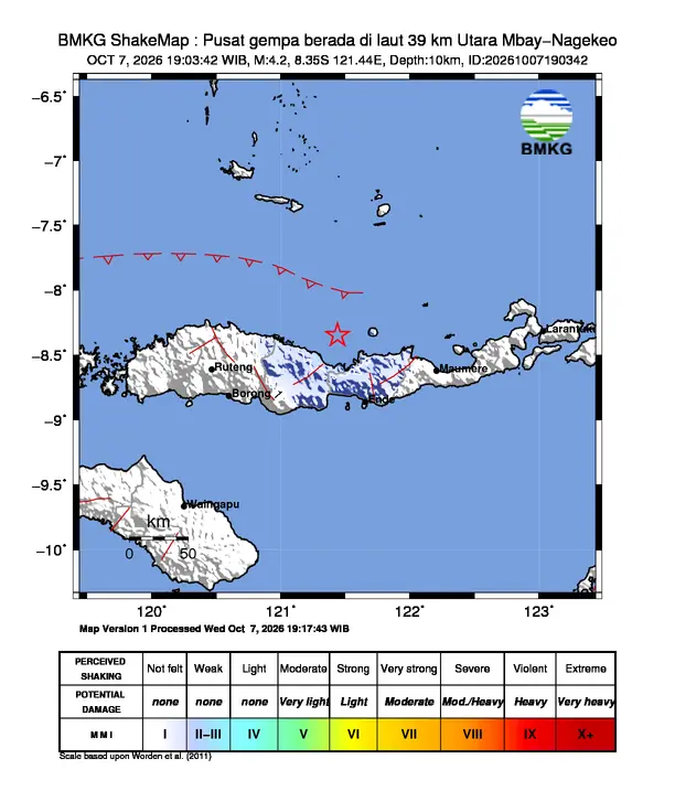 Peta guncangan (shakemap) BMKG untuk gempa magnitudo 4,2 SR