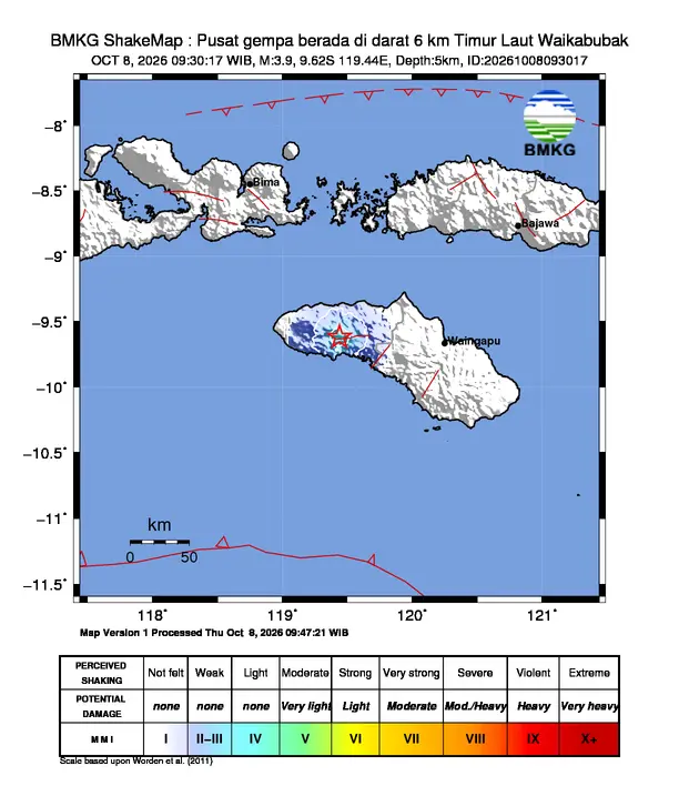 Peta guncangan (shakemap) BMKG untuk gempa magnitudo 3,9 SR