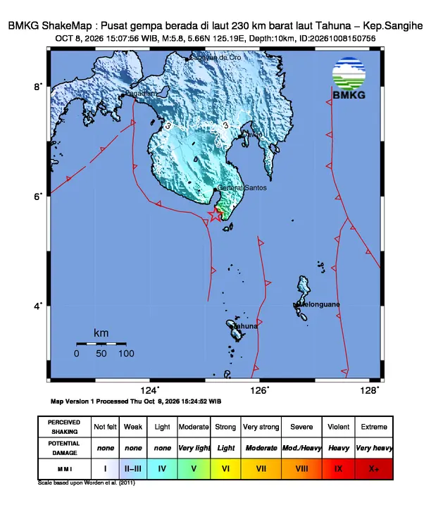 Peta guncangan (shakemap) BMKG untuk gempa magnitudo 5,8 SR