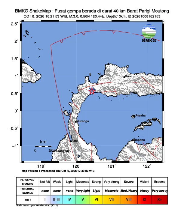 Peta guncangan (shakemap) BMKG untuk gempa magnitudo 3,0 SR