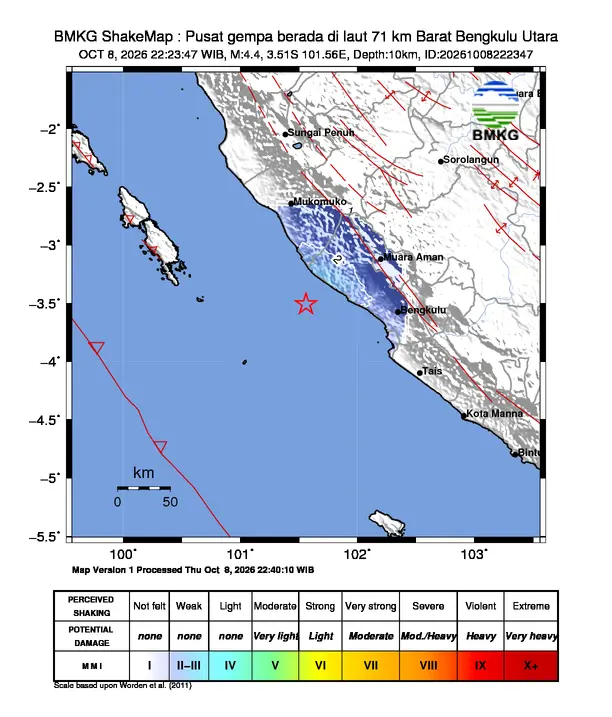 Peta guncangan (shakemap) BMKG untuk gempa magnitudo 4,4 SR